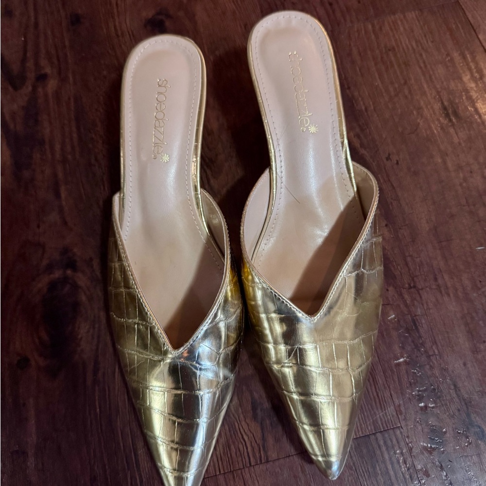 Seychelles Metallic Gold Croc-Embossed Pointed Slip-On Mules